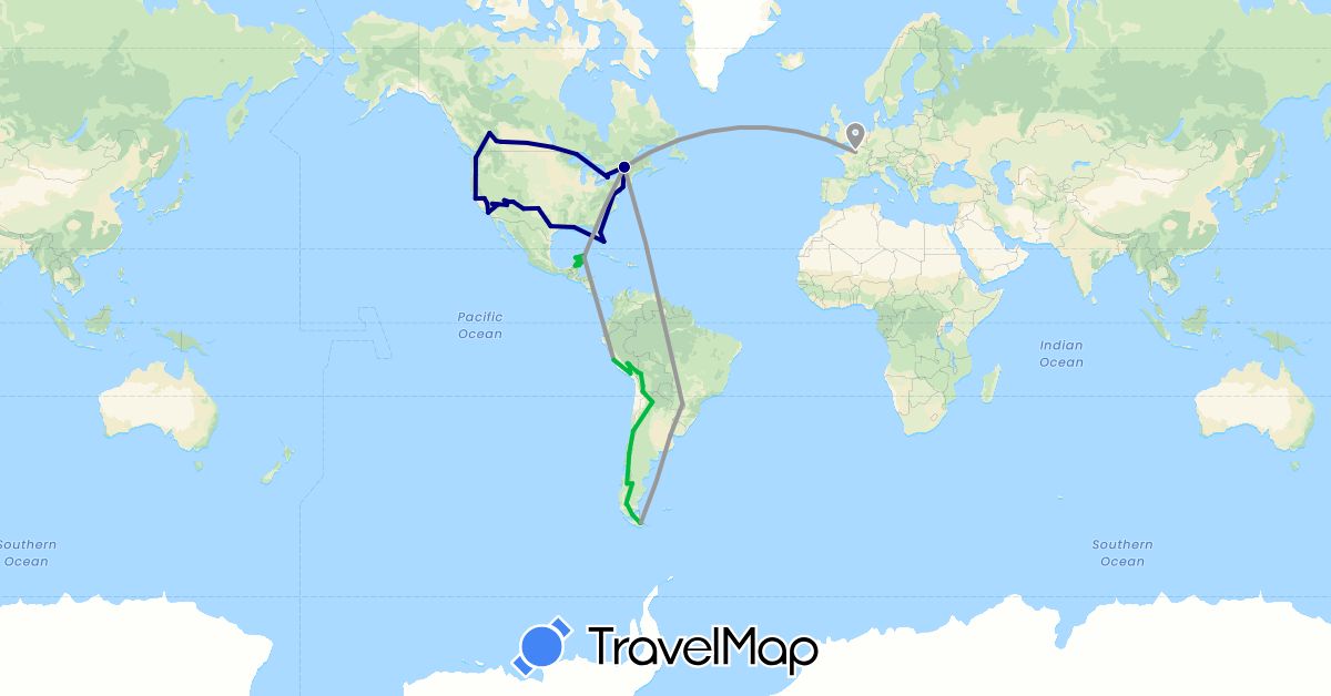 TravelMap itinerary: driving, bus, plane in Argentina, Bolivia, Canada, Chile, France, Mexico, Peru, United States (Europe, North America, South America)